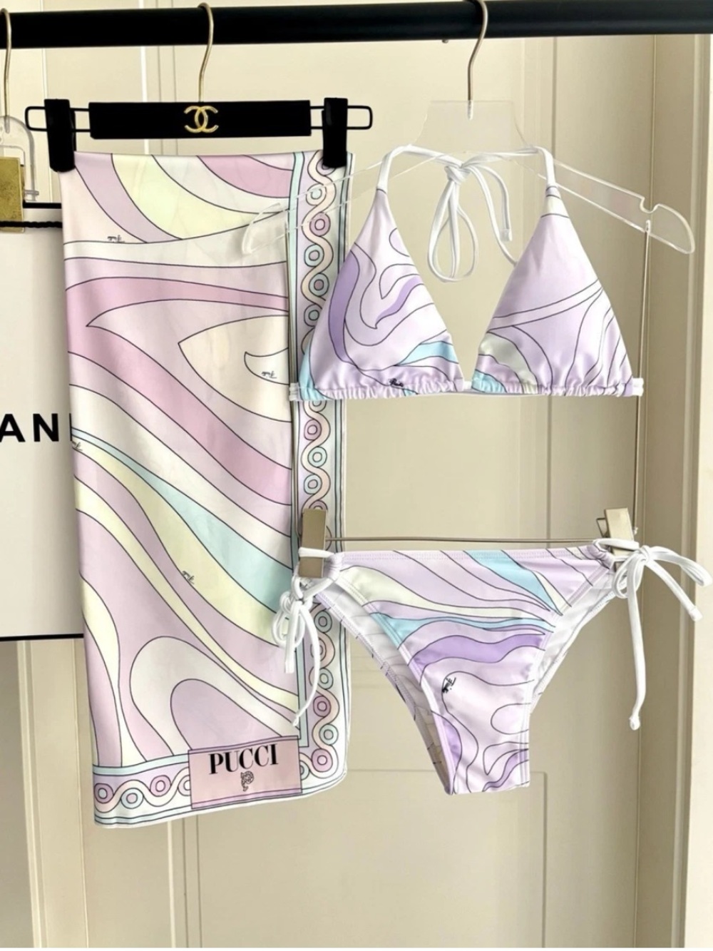 PUCCI | Pastel Swirl Triangle Bikini & head scarf wrap - Lavender & Light Blue